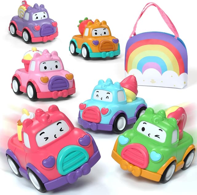 Detalle de Lehoo Castle toddler dessert pull-back car set (rainbow bag, 7 pcs) for 1–3 year old girls