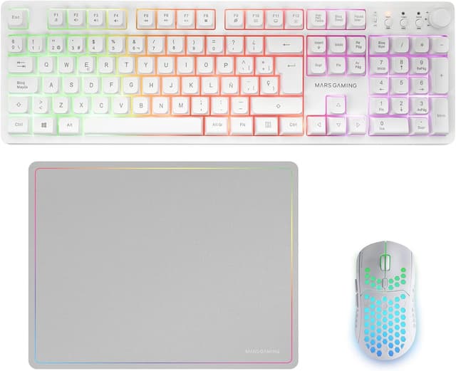 Detalle de Mars Gaming MCPWX (Italiano) Combo Gaming Wireless 3-in-1 DualPro Link 2.4GPRO con tastiera RGB, mouse 3200DPI e tappetino 360x260 mm, Bianco