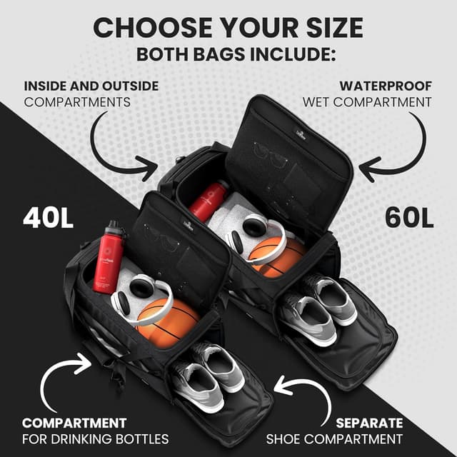 Detalle de Bemaxx Gym Duffle Sports Bag with Backpack Function, Shoe Compartment & Wet Pocket (40L/55cm x 26cm x 29cm)