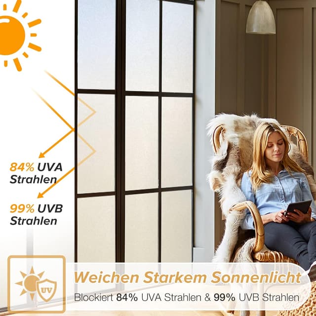 Detalle de rabbitgoo Milchglasfolie blickdicht mit Gitterdesign, selbsthaftend (75×200 cm) – Sichtschutz für Bad, Büro & Wohnzimmer