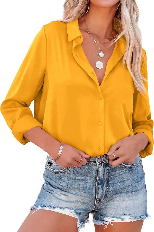 Detalle de NONSAR chemise élégante manches longues col relevé pour femme, blouse satin 100% polyester