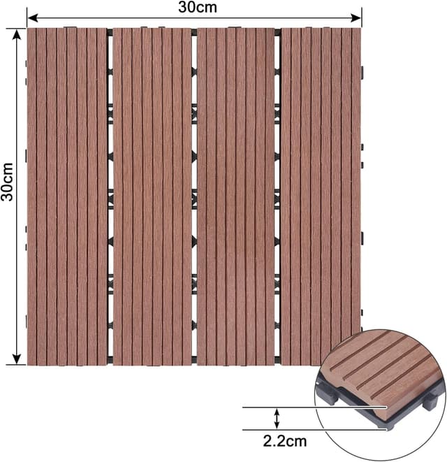Detalle 2 de Aufun Terrassenfliesen aus WPC mit Klicksystem (22 Stück) 30 x 30 cm – Holzoptik, braun (Type A)