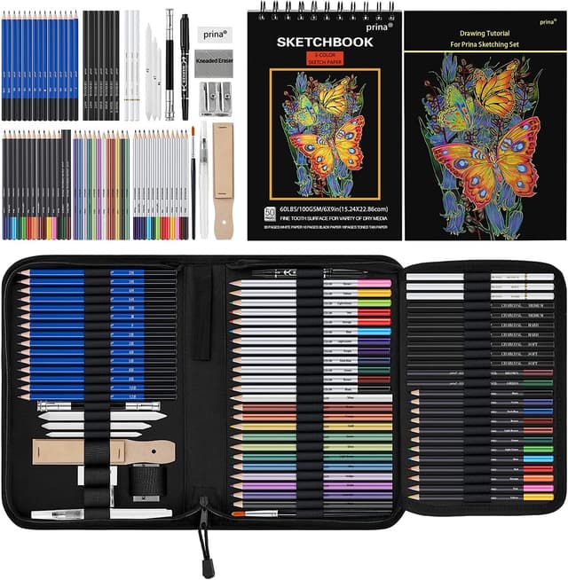 Detalle de PRINA Prina 76-Pack Drawing Set Sketching Kit with 3-Color Sketchbook