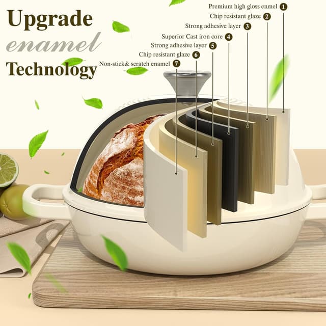 Detalle de Enameled Round Cast Iron Bread Oven (6 Qt) – Dutch Oven Bread Pot with Dome Lid & Cotton Potholders, Cream White