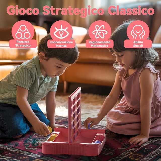 Detalle de Pup Go 4 in Linea (4 en raya) da tavolo, gioco classico pieghevole da viaggio per 2 giocatori, per famiglie e bambini 3+