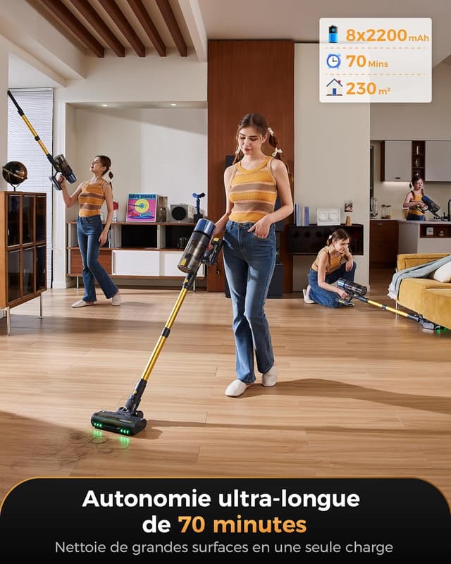 Detalle de Proscenic P15+ : aspirateur balai sans fil 55 kPa, 70 min, brosse anti-enchevêtrement
