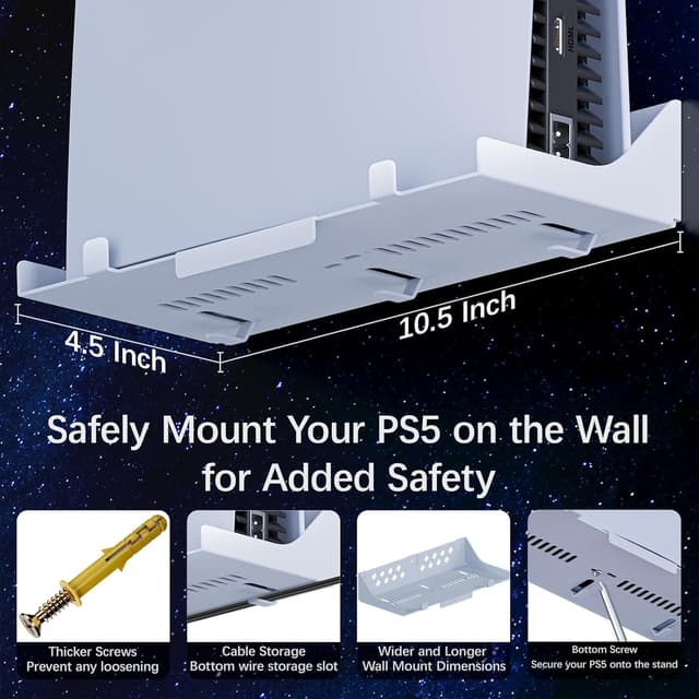 Detalle de Hosanwell PS5 Wall Mount with Charging Station (for PS5/PS5 Pro/PS5 Slim) – Dual Use Dock with RGB Lights, White