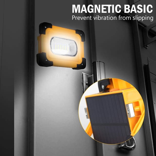 Detalle 2 de T-SUN Faro luce LED portatile 60W con batteria ricaricabile e pannello USB/Sole, 4 modalità e base magnetica