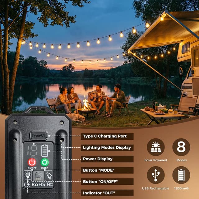 Detalle de kolpop Solar-Lichterkette für außen 15 m mit 8 Modi, dimmbar (G40) und Speicherfunktion