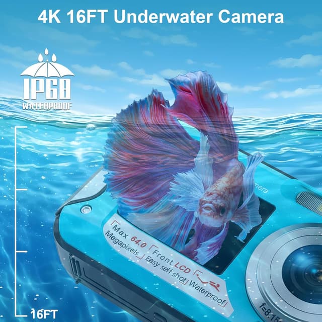 Detalle 2 de Yixinxin Unterwasserkamera (UHD 4K, 64 MP) mit Autofokus und Dual-Selfie-Bildschirmen, inkl. 32-GB-Karte