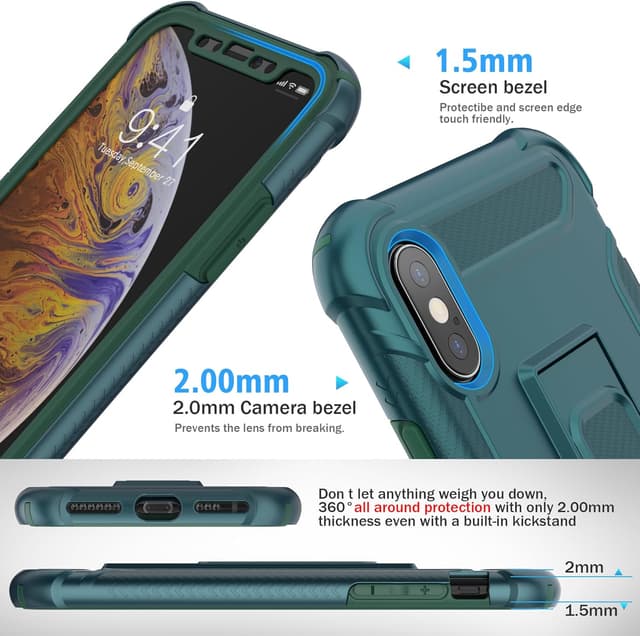 Detalle de ORETECH 5-in-1 Schutzhülle für iPhone X/XS (5,8 Zoll), stoßfest inkl. 2 Schutzfolien & Ständer – grün