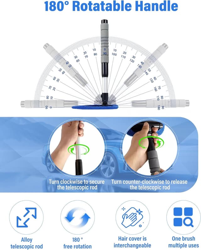 Detalle 2 de JHCHAN car inside windscreen cleaner tool with extendable handle, triangular head and 5 microfibre cloths