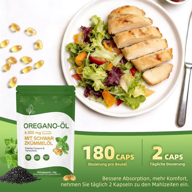 Detalle de Oregano Öl Kapseln 6000 mg (2-in-1 Oregano & Schwarzkümmelöl) – 180 Softgels, vegan, gluten- & laktosefrei