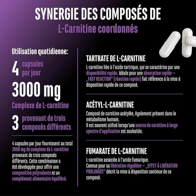 Detalle 2 de L-Carnitine Triple Complexe German Elite Nutrition (3000 mg par portion) – 120 gélules véganes
