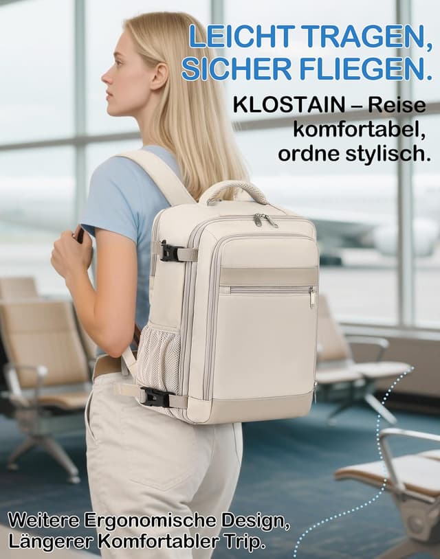 Detalle 2 de KLOSTAIN Handgepäck-Rucksack 40 x 20 x 25 cm (20 L) mit 14-Zoll-Laptopfach – Beige