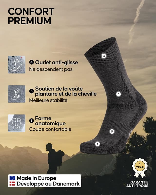 Detalle de Danish Endurance Chaussettes de randonnée en laine mérinos (lot de 3) — chaudes, rembourrées et anti-ampoules, unisex