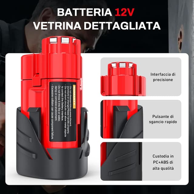 Detalle 2 de HTongD Batteria di ricambio 12V 3Ah agli ioni di litio per Milwaukee M12 (compatibile con M12B 48-11-2411 e altri)