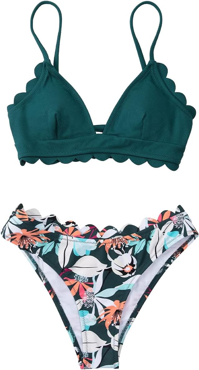 Detalle 2 de CUPSHE Maillot de bain bikini femme festonné col en V à lacets taille basse