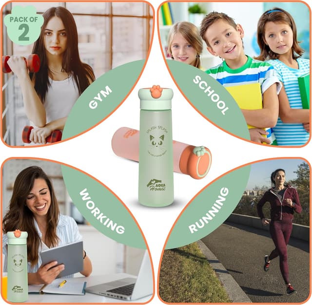 Thumbnail 6 de AQUA HOMIE 2-pack 530ml motivational water bottles with paw lid (leakproof, BPA-free) – Green & Orange
