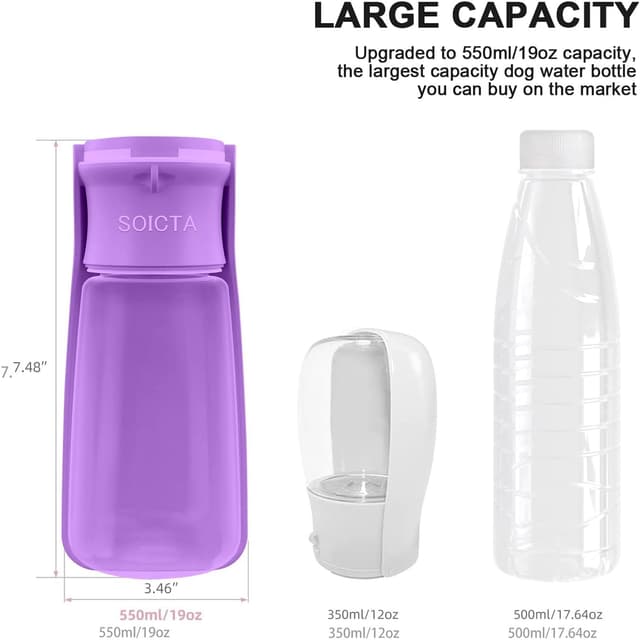 Detalle de SOICTA Portable Dog Water Bottle (Foldable) in Purple – 19OZ or 12OZ for Walking