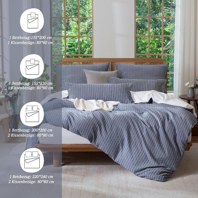 Detalle 2 de SOULFUL Bettwäsche-Set 155x220 aus Baumwolle gestreift (Jacquard), 1x 155x220 + 1x 80x80, marineblau