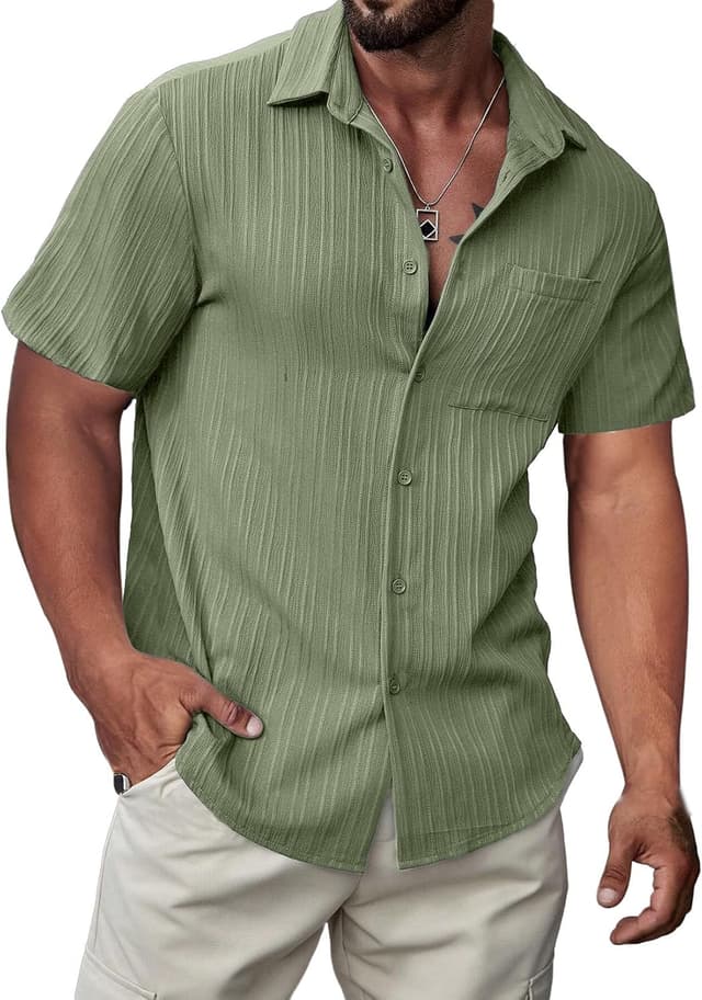 Thumbnail 6 de JMIERR Men’s Hawaiian Shirt Button-Down Short Sleeve (Textured Casual Summer Beach Linen Look)
