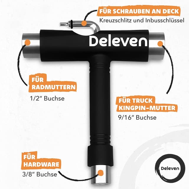 Detalle de D Deleven Skate Tool T-Tool für Skateboard & Longboard – Schraubenschlüssel-Set mit 1/2, 3/8 & 9/16 Zoll