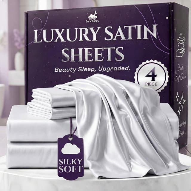 Detalle de SLEEP SANCTUARY Satin Sheets Queen Size (4-Piece) – Cooling, Wrinkle-Free, Moisture-Wicking Bed Set in White