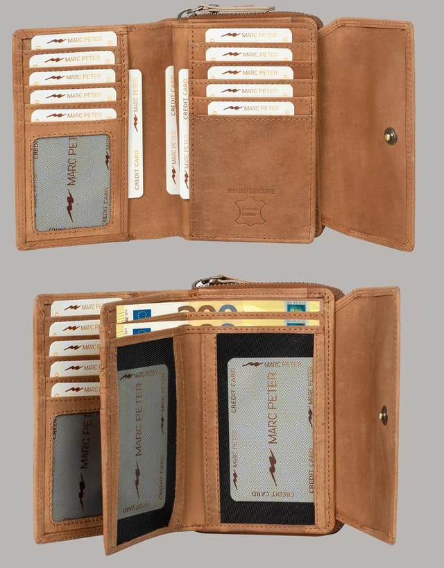 Detalle 2 de Marc Peter Rosie Damen-Geldbeutel aus Leder mit RFID-Schutz (Vintage, groß) in Geschenkbox – Camel