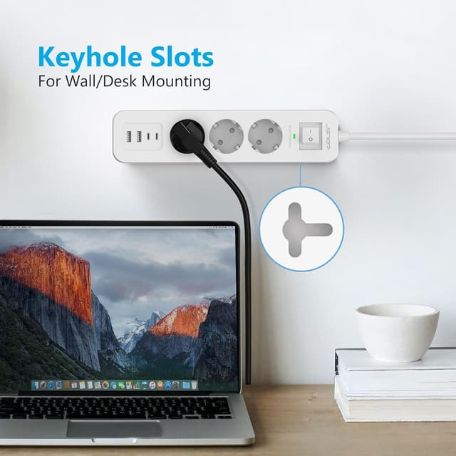 Detalle de JSVER Multiprise USB C 7 en 1 avec parafoudre et surtension, rallonge 4 m et 4 ports USB