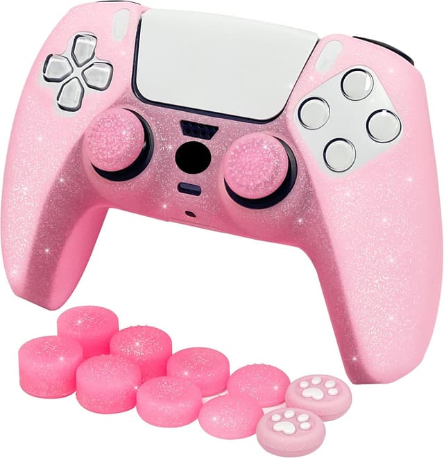 Detalle de Pink glitter anti-slip silicone grips cover set for PS5 (Slim/Pro) – HLRAO, 8 thumb grips caps + protective skin cover