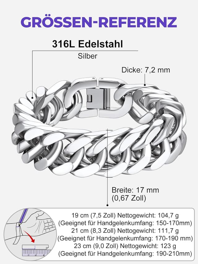 Detalle de Richsteel Herrenarmband im Cuban-Gliederstil aus 316L-Edelstahl – silber, schwarz oder vergoldet (8/12/17 mm breit)