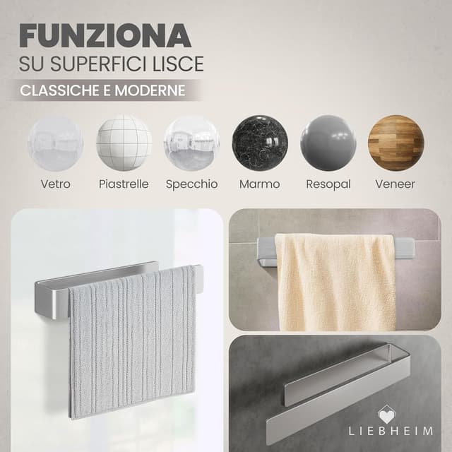 Detalle 2 de Barra portasciugamani in acciaio inox da incollare LIEBHEIM senza forare (nastro adesivo extra large, 22 cm)