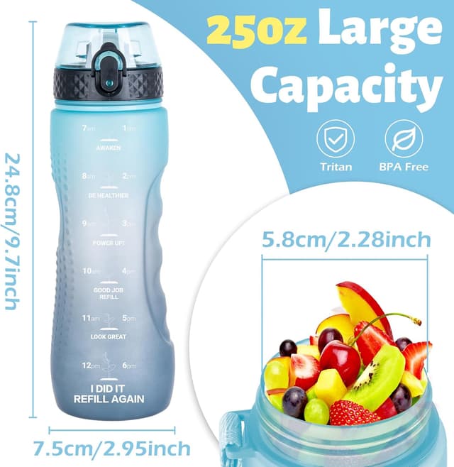 Detalle de Oldley 750ml (25oz) Straw Water Bottle with One-Click Lid, BPA-Free Tritan, Leakproof Lock & Time Markings (Blue Gradient)