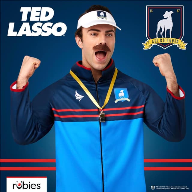 Detalle 2 de Rubie’s Ted Lasso Kostüm-Set für Erwachsene – mit Jacke, Schnurrbart und Visier