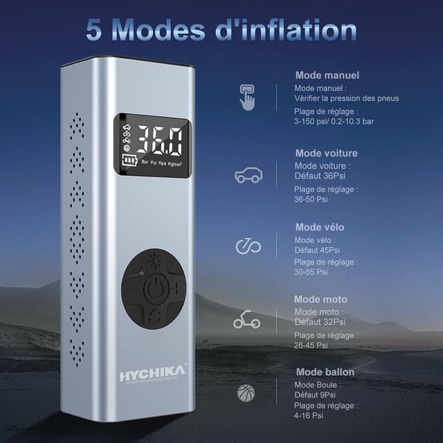 Detalle de HYCHIKA Mini compresseur à air portable 12V 6000mAh avec écran LCD et lampe LED