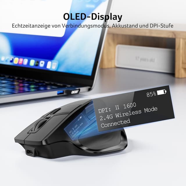 Detalle de Acer Kabellose Maus Tri-Mode 4000 DPI mit OLED für bis zu 4 Geräte (Bluetooth, 2,4 GHz & Kabel)