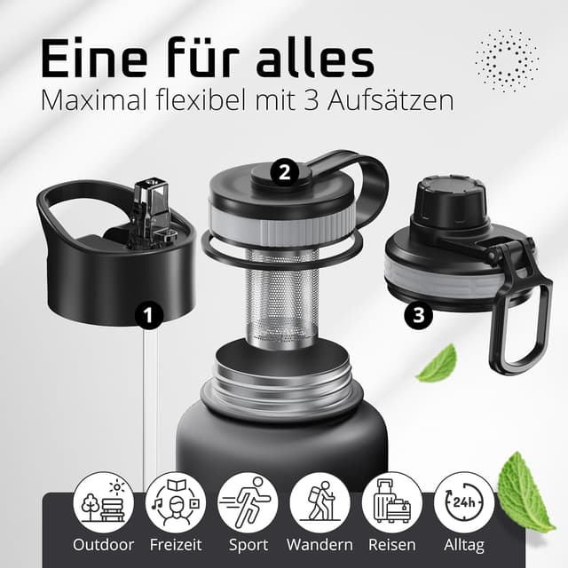 Detalle de BeMaxx ACTIVE FLASK Edelstahl-Trinkflasche mit Strohhalm & 3 Deckeln, BPA-frei, auslaufsicher