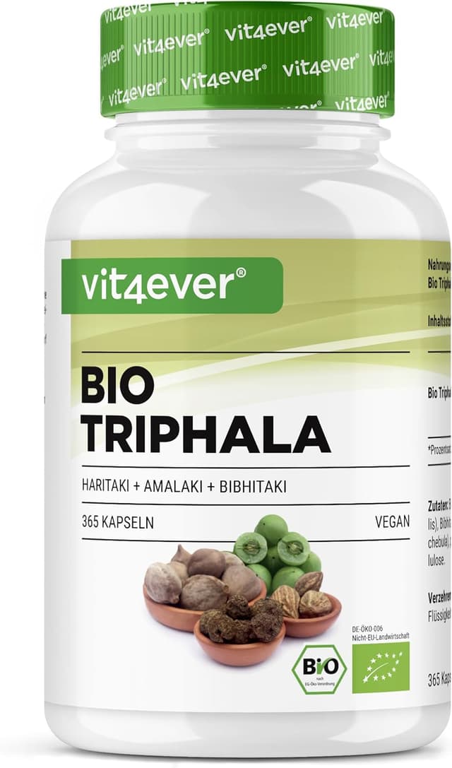 Detalle de Triphala Bio haute dose 2000 mg (500 mg par capsule) – 365 capsules, poudre indienne Haritaki Amalaki Bibhitaki (végane)