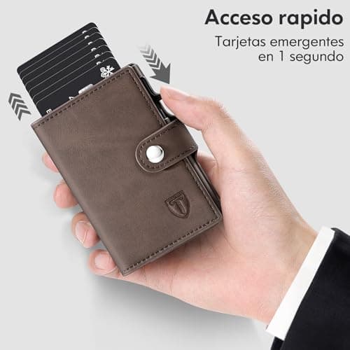 Detalle de TENBST Cartera Tarjetero RFID con bloqueo, billetera pop-up automática de cuero (marrón) para 8 tarjetas
