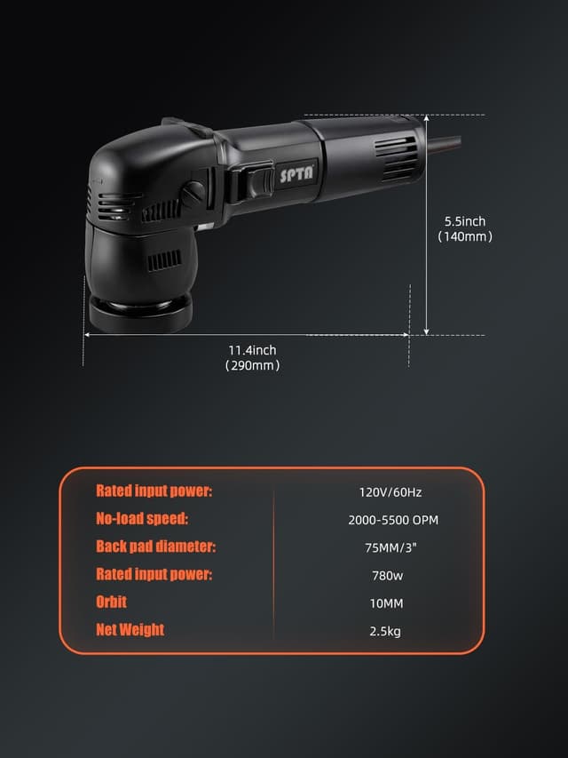 Detalle de SPTA Mini Orbital Polisher (3 Inch / 10mm, 780W) With Variable Speed Dual Action Kit