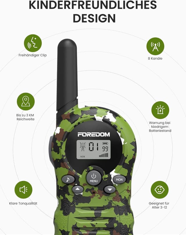 Detalle de FOREDOM Kinder-Walkie-Talkies Funkgeräte-Set (3er Set) für 3–12 Jahre mit 8 Kanälen, bis zu 3 km Reichweite