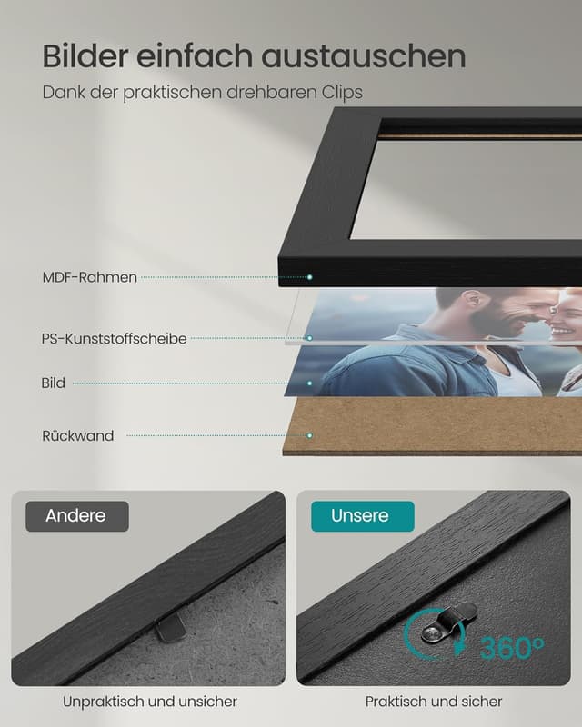 Detalle 2 de SONGMICS Bilderrahmen-Set RPF310H (10er Set) für 2 Fotos 20 x 25 cm, 4 Fotos 13 x 18 cm & 4 Fotos 10 x 15 cm