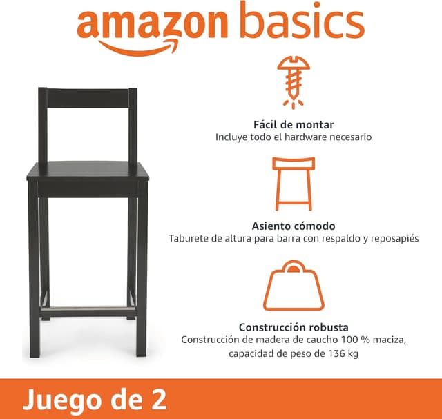 Detalle de Amazon Basics Taburetes de madera negra con respaldo, 88 cm