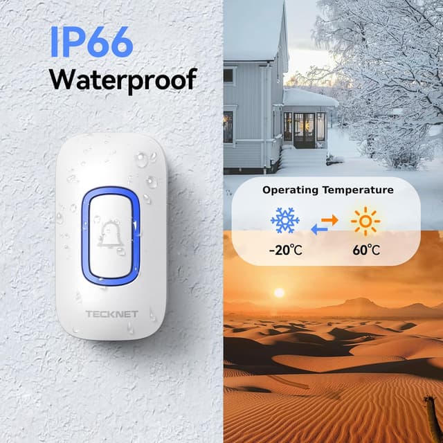 Detalle 2 de TECKNET Wireless Doorbell kit with 2 plug-in receivers, 60 chimes and IP66 weatherproof range up to 400m