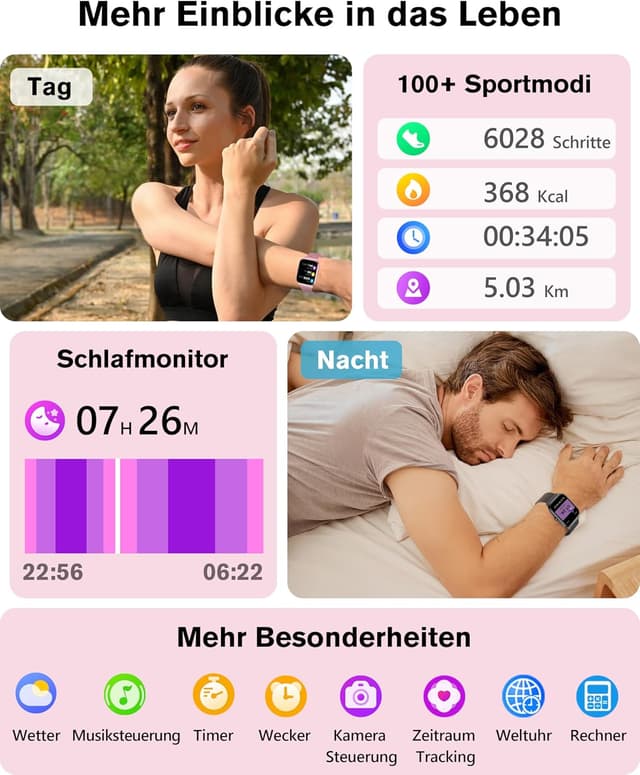 Detalle de KALINCO Smartwatch Herren Damen mit Blutdruckmessung, Bluetooth-Telefonie & Fitness-Tracker (SpO2, Stress, 100+ Sportmodi)