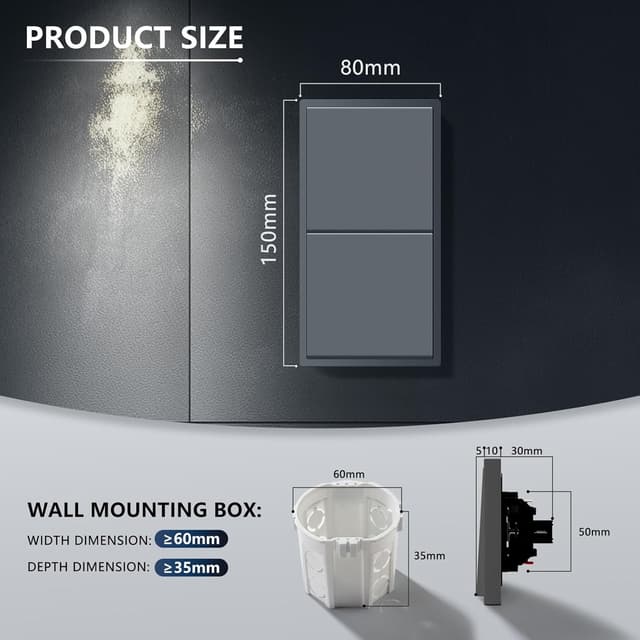 Detalle 2 de BSEED Lichtschalter Unterputz 1-fach mit 2-Wege + 1-fach mit 2-Wege – Wandschalter in Grau mit PC-Rahmen