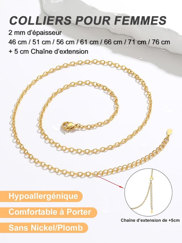 Detalle 2 de ChainsPro Collier Femme en acier inoxydable 2 mm ajustable (or, argenté, or rose ou noir) – chaîne à charms 46 à 76 cm