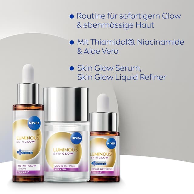 Detalle de NIVEA Luminous630 Skin Glow Set – Gesichtspflege mit Instant Glow Serum, Liquid Refiner (AHA/PHA) & Refiner-Peeling