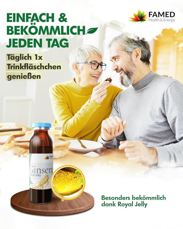 Detalle 2 de Ginseng Royal Jelly von FAMED – 30 Trinkampullen mit reduziert Müdigkeit & Immunsystem- Unterstützung